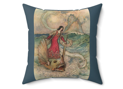 Rita Rides on the Dolphin by Warwick Goble Spun Polyester Square Pillow