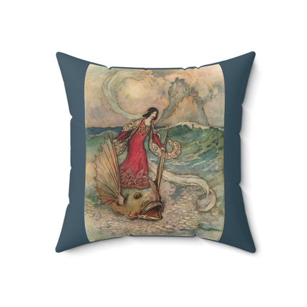 Rita Rides on the Dolphin by Warwick Goble Spun Polyester Square Pillow