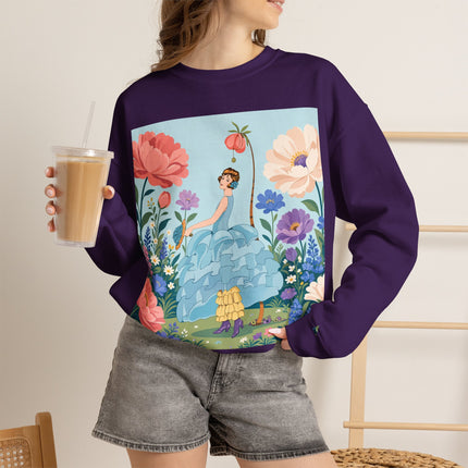 🌸🩵 The Blue Ruffle Garden Crewneck Sweatshirt – Art Deco Floral Whimsy