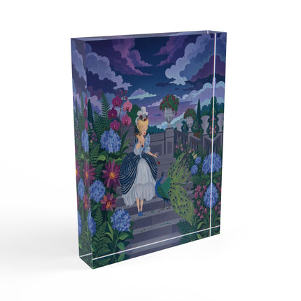 🦚🌙 The Lady Of The Midnight Peacock Garden Acrylic Art Block – Art Deco Floral Elegance