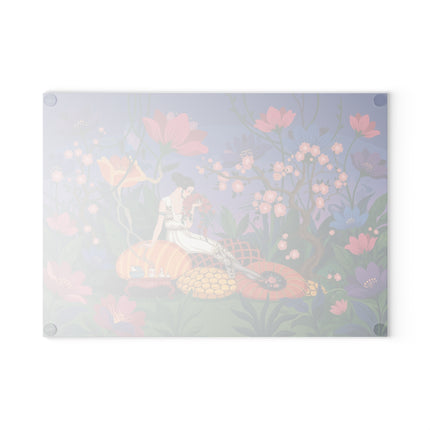 🌺🌙 The Lady Of The Midnight Blossom Garden Glass Cutting Board – Art Deco Floral Elegance