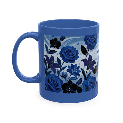 ☔💙 The Lady In The Blue Rain Garden Ceramic Mug – Art Deco Floral Elegance