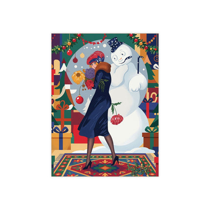 ☃️🌸 The Snowman's Christmas Companion Ceramic Tile – Art Deco Holiday Fantasy