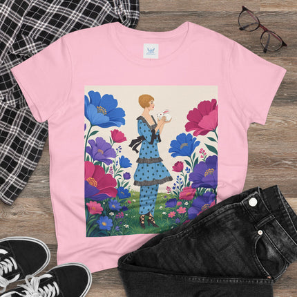 🐇🌺 The Little Rabbit Garden Cotton Tee – Art Deco Floral Whimsy