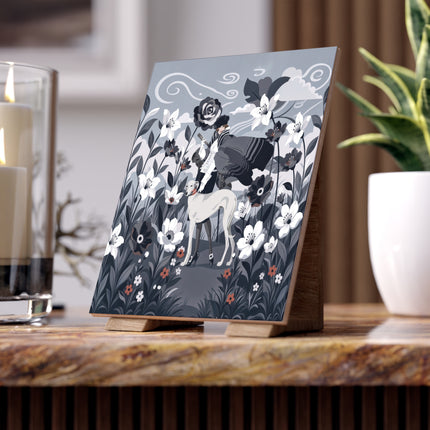 🖤🌸 The Greyhound Floral Promenade Ceramic Tile – Art Deco Monochrome Fashion