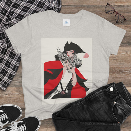 Crimson Masquerade Women's Midweight Cotton Tee – Dramatic Elegance & Art Deco Mystery