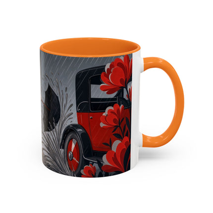 ☔🌹 The Scarlet Rainstorm Promenade Colorful Mug – Art Deco Motoring Elegance