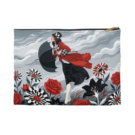 🌹☂️ The Lady In The Storm Accessory Pouch – Art Deco Floral Drama