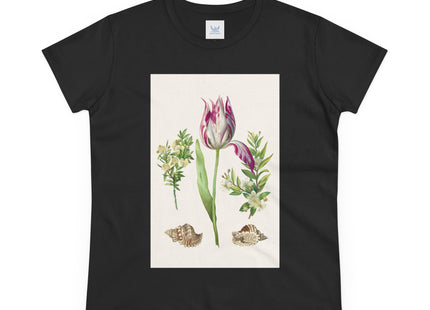 Tulip flower with Two Branches of Myrtle and Shells Cotton Tee