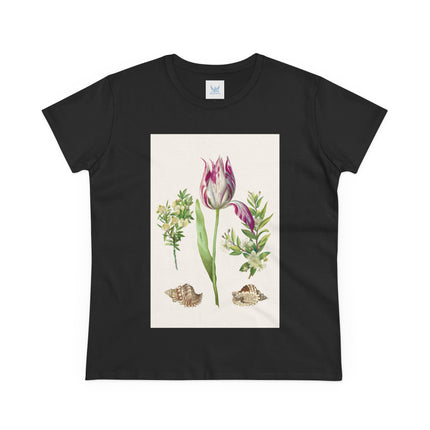 Tulip flower with Two Branches of Myrtle and Shells Cotton Tee