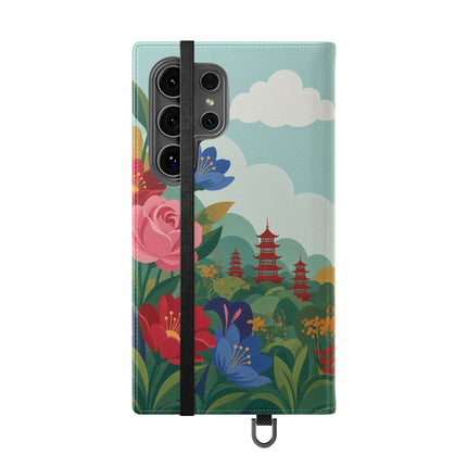 🌸🏯 The Lady Of The Pagoda Garden Flip Case – Art Deco Floral Fantasy
