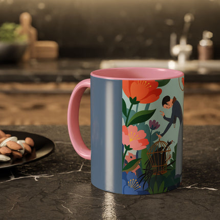 The Lady And The Mysterious Bird Colorful Mugs – Art Deco Botanical Mystery