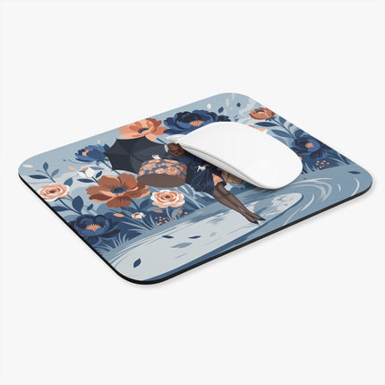 ☂️🌸 The Lady With The Flowered Hatbox Mouse Pad – Art Deco Rainy Day Elegance