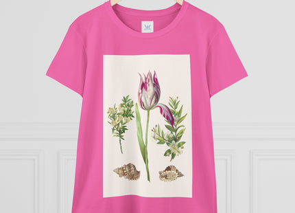 Tulip flower with Two Branches of Myrtle and Shells Cotton Tee