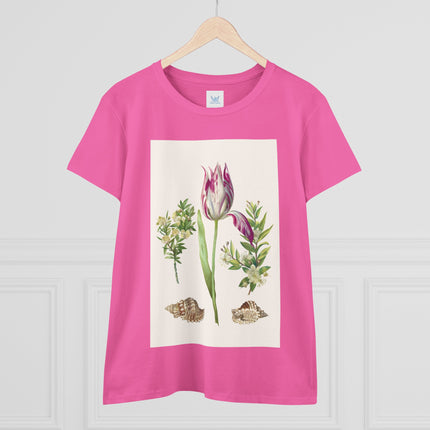 Tulip flower with Two Branches of Myrtle and Shells Cotton Tee