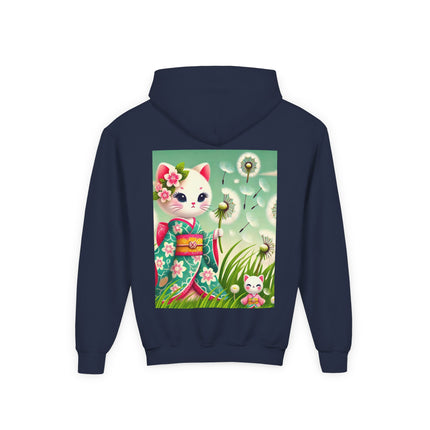 Geisha Kitten and the Dandelion Wish Youth Hooded Sweatshirt – Soft Dreams & Gentle Wonder