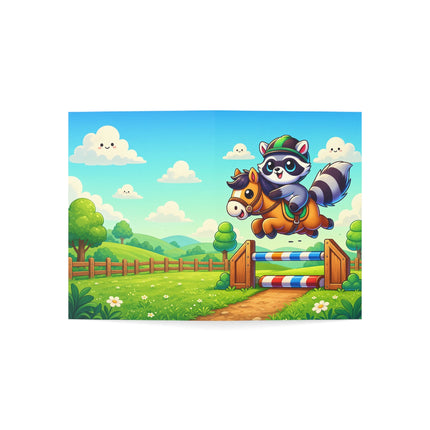🦝🐴 The Little Raccoon Horse Jumper Greeting Card – Whimsical Animal Adventure