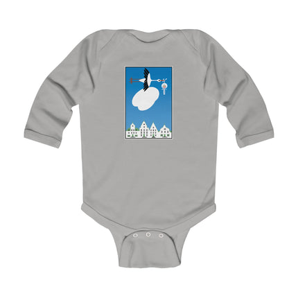 Benevolent Wings Baby Long Sleeve Bodysuit – Cozy Vintage Stork Delivery Design