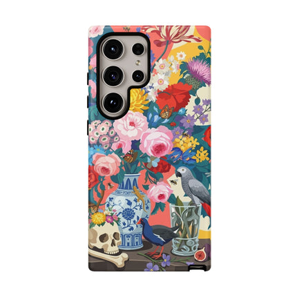 Floral Vanitas Phone Case – Parrot & Porcelain Splendor
