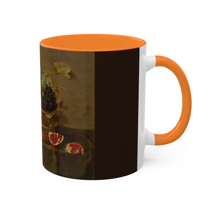 Basket of Grapes and a Pomegranate on a Table by Jacob van Hulsdonck Colorful Mugs, 11oz