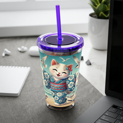 Geisha Kitten by the Seaside Sunsplash Tumbler with Straw, 16oz
