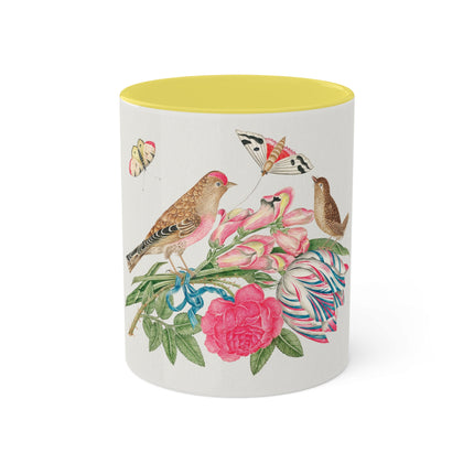 Pair of Brown Birds on Bouquet with Tulip, Rose, Snapdragons, and Butterflies by Anonymous Colorful Mugs, 11oz
