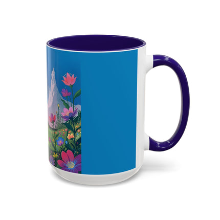 The Lady And The Moonlit Peak Colorful Mugs – Art Deco Alpine Garden Elegance