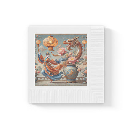 Golden Dragon & Lantern Lady White Coined Napkins – Imperial Dragon & Elegant Harmony