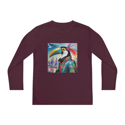 Cyber Toucan Chic Youth Long Sleeve Competitor Tee – Neon Feathers & Futuristic Style