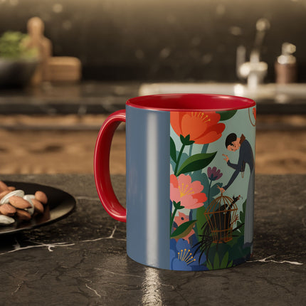 The Lady And The Mysterious Bird Colorful Mugs – Art Deco Botanical Mystery