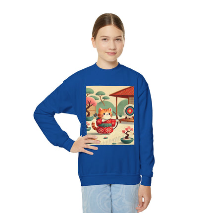 Archer Kitten in the Zen Garden Youth Crewneck Sweatshirt – Focus, Calm & Playful Precision