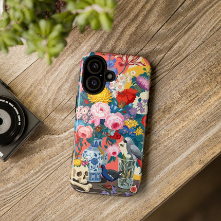 Floral Vanitas Phone Case – Parrot & Porcelain Splendor