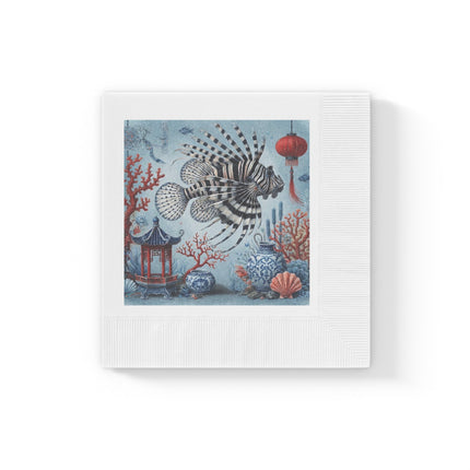 Lionfish & Lantern White Coined Napkins – Mystical Ocean & Asian Harmony