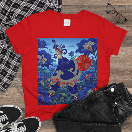 💙🌺 The Imperial Blue Garden Cotton Tee – Art Deco Oriental Elegance