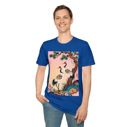 🐦🌸 The Enchanted Crane Garden Softstyle T-Shirt – Oriental Elegance & Colorful Harmony