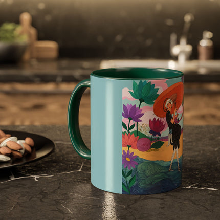 The Lady Of The Coral Parasol Colorful Mugs – Art Deco Coastal Elegance
