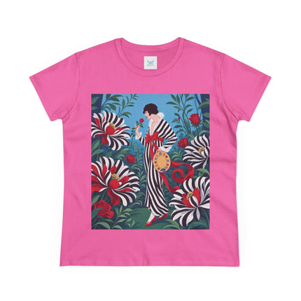 ❤️🌹 The Scarlet Striped Garden Cotton Tee – Art Deco Fashion Illustration