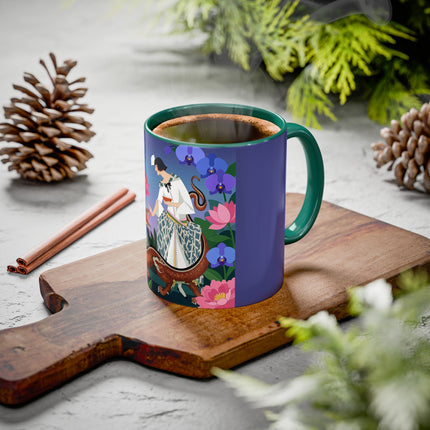 The Lady And The Garden Dragon Colorful Mugs – Art Deco Mythical Botanical Elegance
