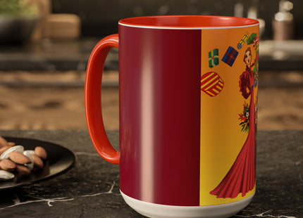 Elegant Holiday Woman with Gifts Colorful Mugs (11oz, 15oz)