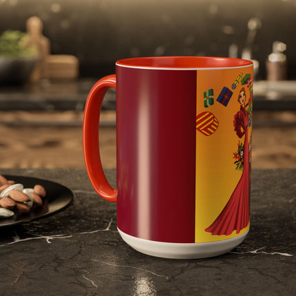 Elegant Holiday Woman with Gifts Colorful Mugs (11oz, 15oz)