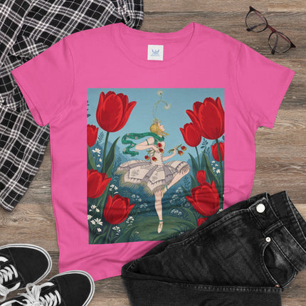 🌷🩰 The Scarlet Tulip Ballet Cotton Tee – Art Deco Floral Whimsy