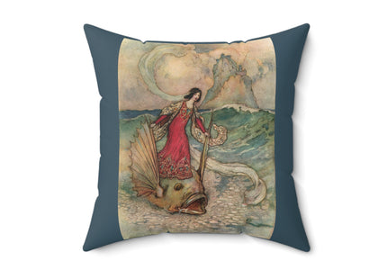 Rita Rides on the Dolphin by Warwick Goble Spun Polyester Square Pillow