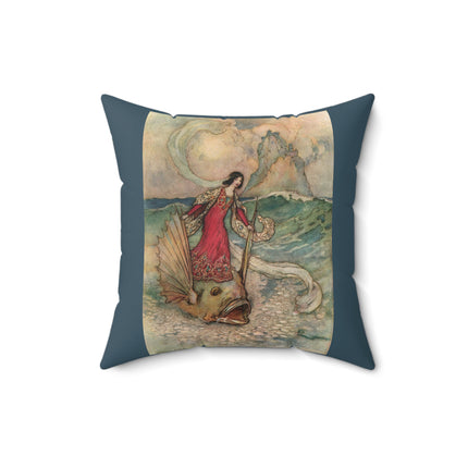 Rita Rides on the Dolphin by Warwick Goble Spun Polyester Square Pillow