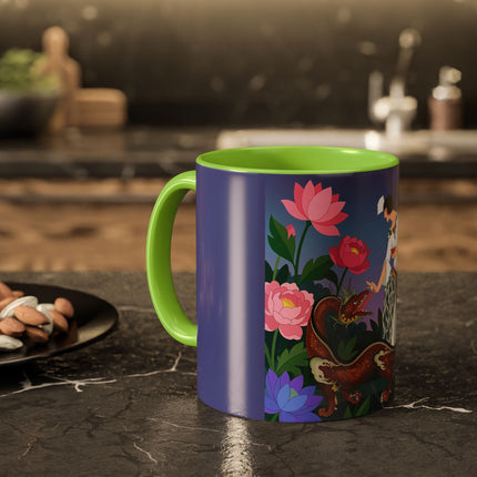 The Lady And The Garden Dragon Colorful Mugs – Art Deco Mythical Botanical Elegance