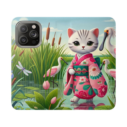 🦩🌸 Geisha Kitten Strolls Among the Spoonbills Flip Case – Serene Grace & Marshland Wonder