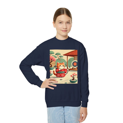 Archer Kitten in the Zen Garden Youth Crewneck Sweatshirt – Focus, Calm & Playful Precision