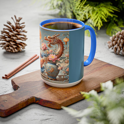 Golden Dragon & Lantern Lady Colorful Mug – Imperial Dragon & Elegant Harmony