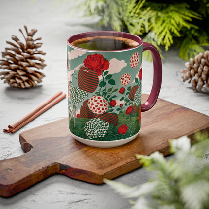 🌹💚 The Scarlet Rose Checkerboard Garden Colorful Mug – Art Deco Floral Whimsy