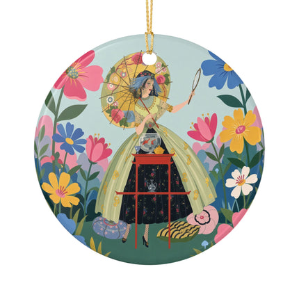 🌸🪞 The Floral Parasol Reflection Ceramic Ornament – Art Deco Garden Fantasy