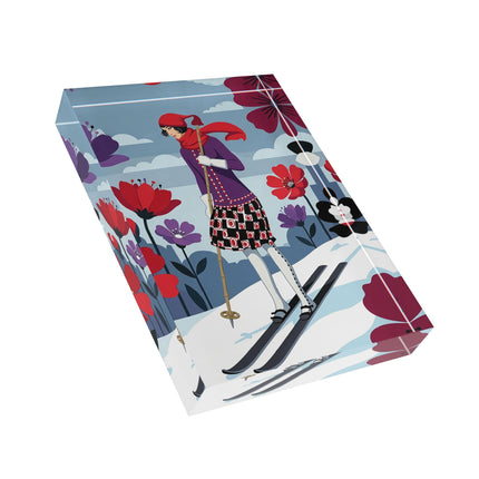🎿❄️ The Winter Flower Skier Acrylic Art Block – Art Deco Alpine Fantasy
